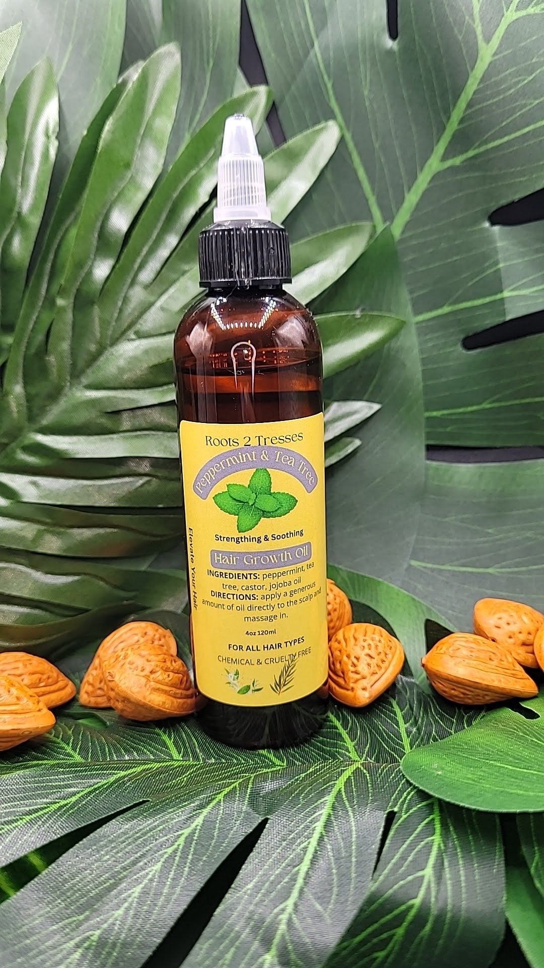 Brown bottle of peppermint and tea tree oil