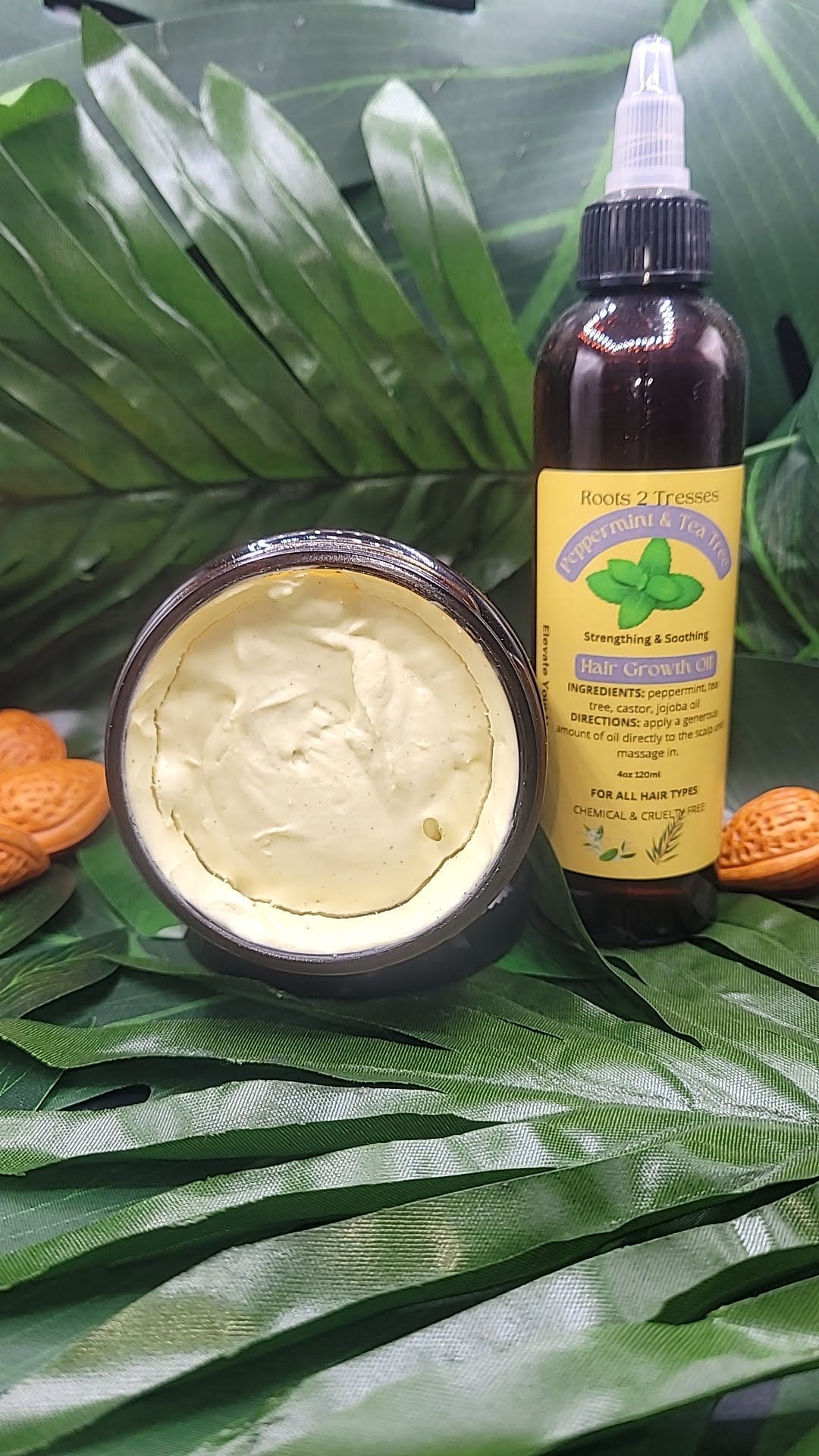 Yellow chebe hair butter brown bottle of  peppermint and tea tree oil